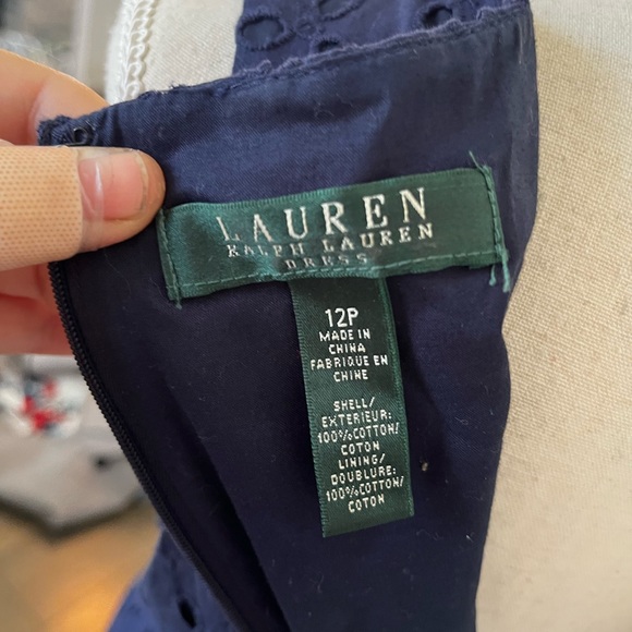 RALPH LAUREN Navy Eyelet Cotton Blend Fit & Flare Career Party Dress 12P - Picture 4 of 4